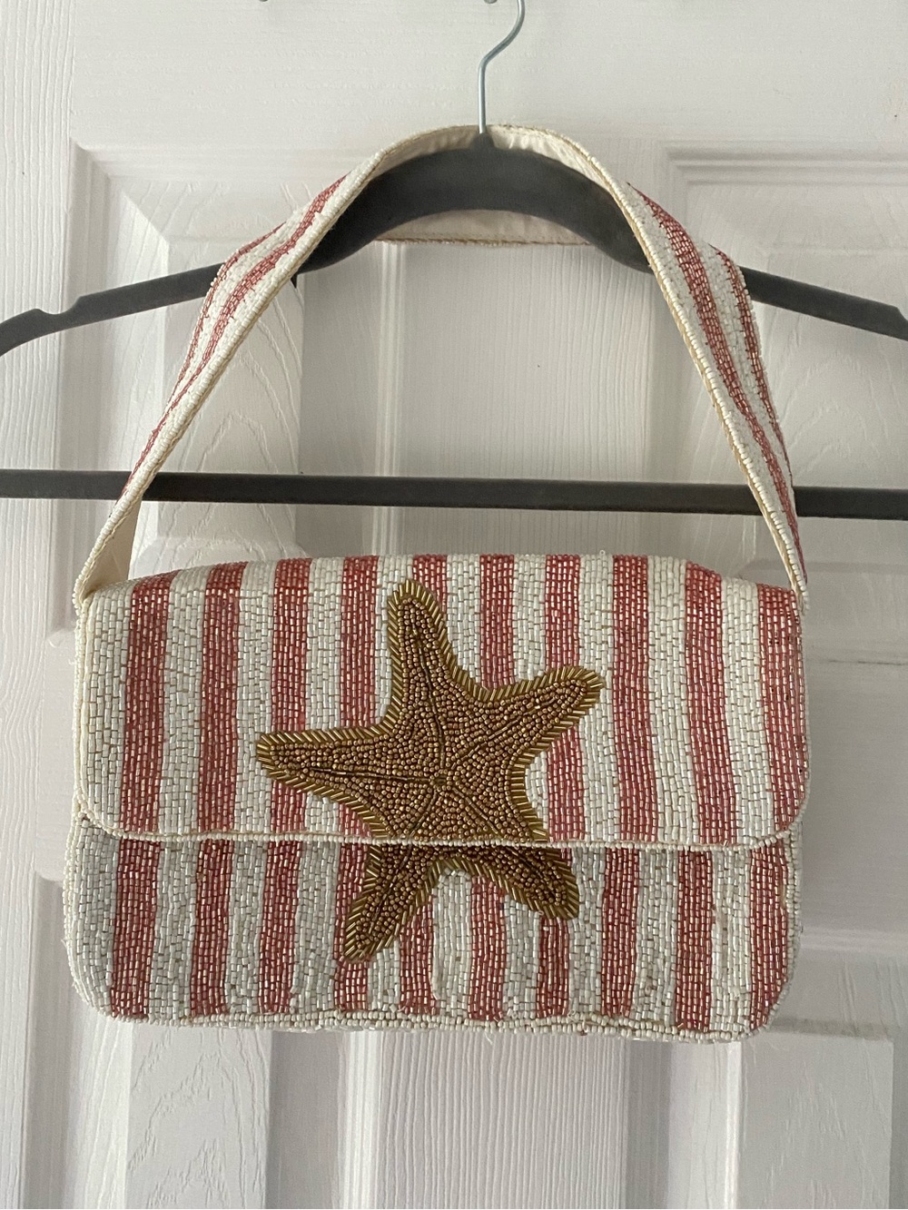 T.J.Maxx Beaded Stripe Shoulder Bag - Red and White with Gold Starfish